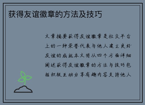 获得友谊徽章的方法及技巧